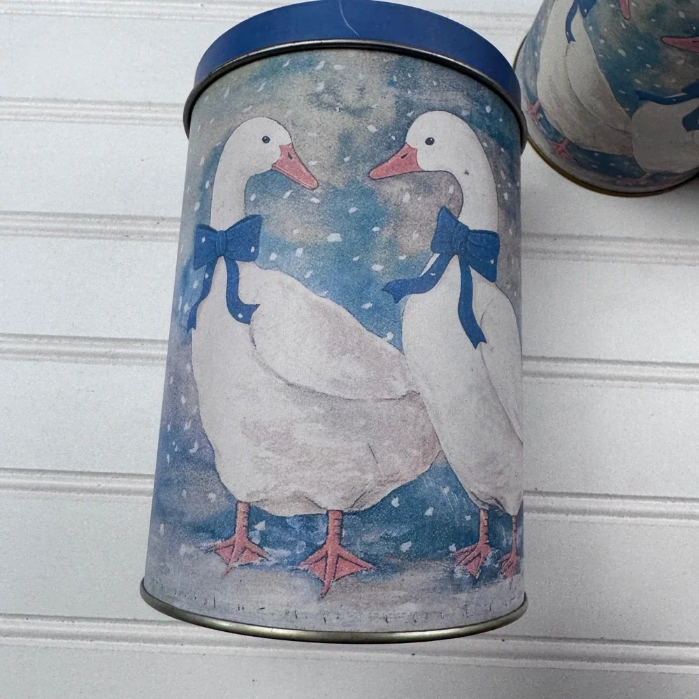Vintage Set of 3 Round Tin Canisters w Lids Blue White Ducks Geese 1980s